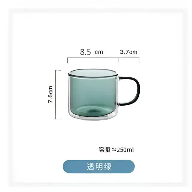 Modern blue amber and green glass mugs set featuring a transparent green double-walled glass mug with black handle