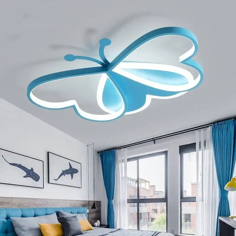 Modern blue butterfly ceiling light with glowing white inner wings and minimalist design for bedroom decorbites butterfly ceiling