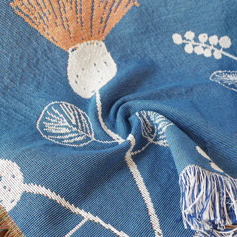 Modern blue decorbites cartoon cat woven throw blanket with embroidered botanical motifs and fringed edges for sofa decor