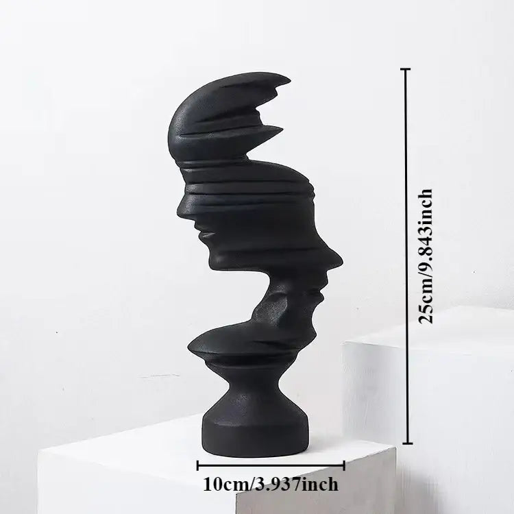 Black abstract ceramic sculpture featuring layered stacked human face profiles for modern living room decorbites abstract human face decor
