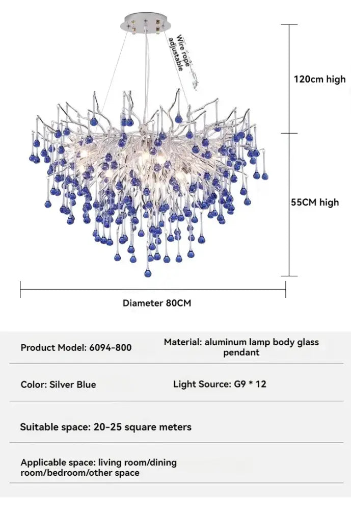 Modern blue chrome crystal chandelier with silver aluminum frame and dangling glass beads for dining room decorbites chrome crystal