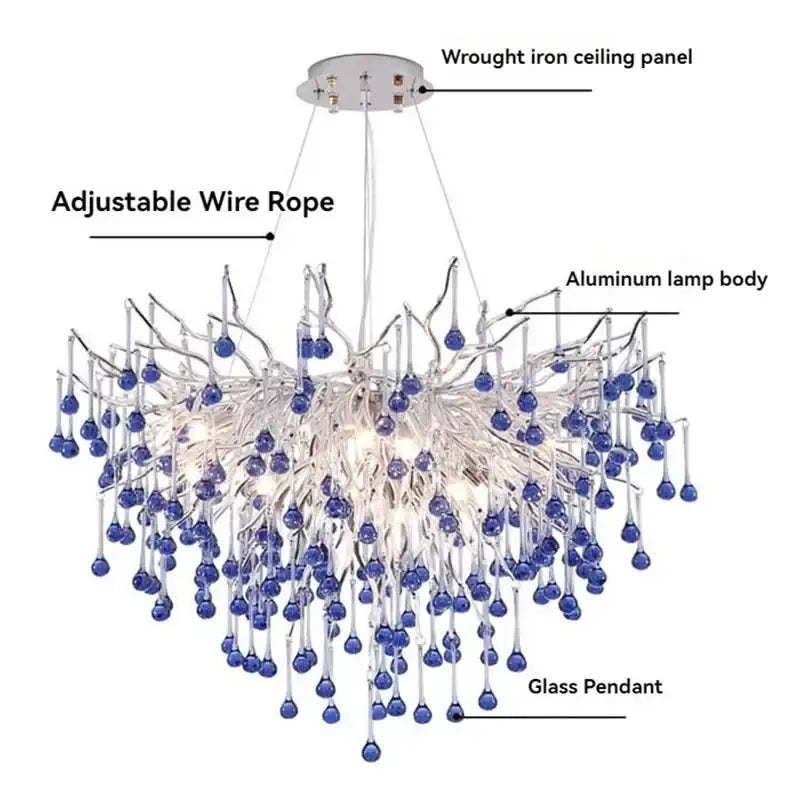Modern blue chrome crystal chandelier with aluminum lamp body and adjustable wire rope for dining room decorbites chrome crystal