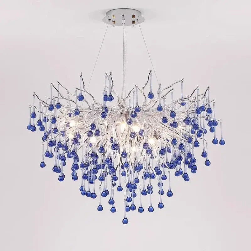 Modern blue chrome crystal chandelier with dangling glass teardrop pendants by decorbites for dining room decor
