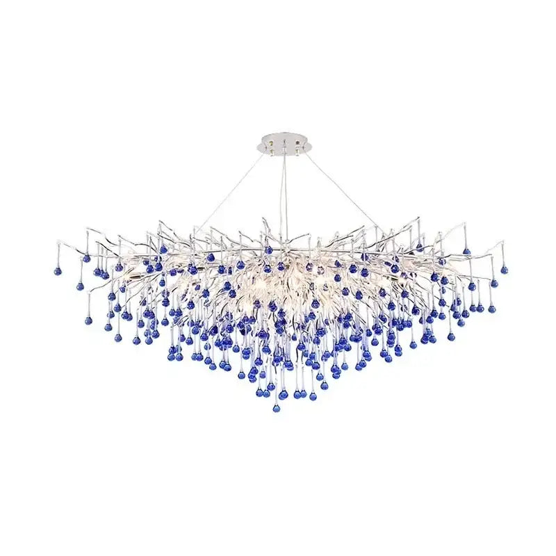 Modern blue chrome crystal chandelier with cascading glass beads tree branch design for dining room decorbites chrome crystal