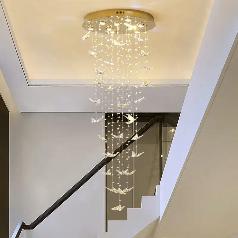Modern blue and clear butterfly crystal chandelier with gold base and cascading crystal beads for staircase decorbites butterfly crystal