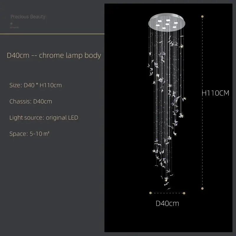 Modern chrome butterfly crystal chandelier with circular housing and white bird ornaments for staircase decorbites butterfly crystal