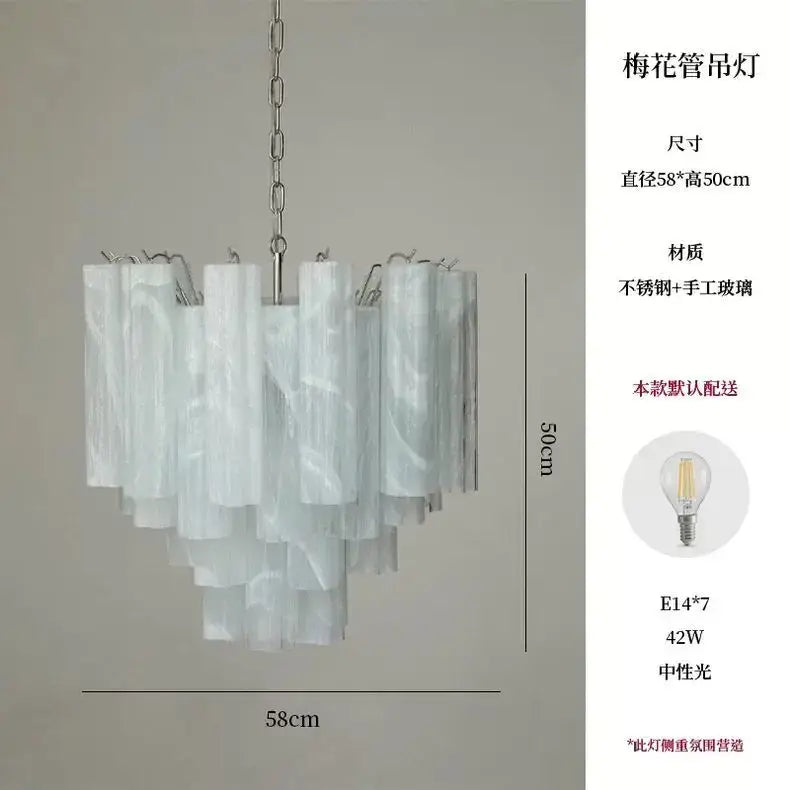 A modern blue and clear colorized glass led chandelier with cascading translucent white glass tubes for living room decorbites colorized glass