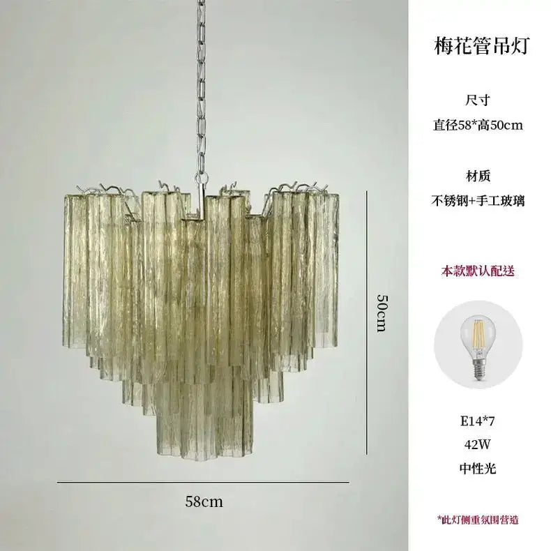 A modern blue and clear colorized glass led chandelier with heart-shaped amber glass tubes for living room decorbites colorized glass