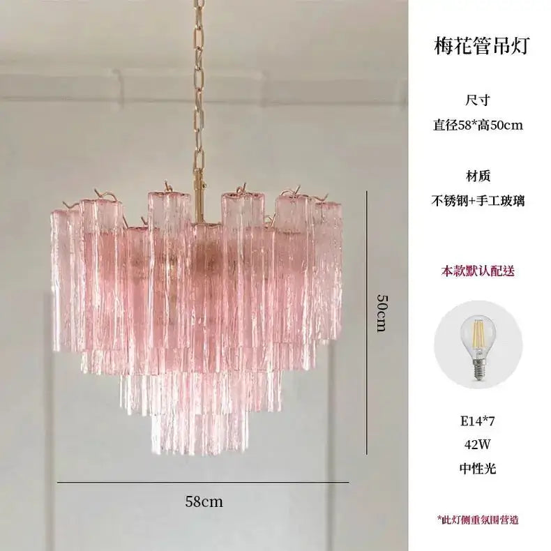 Pink gradient hand-blown glass led chandelier with gold stainless steel frame and chain for modern living room decorbites colorized glass
