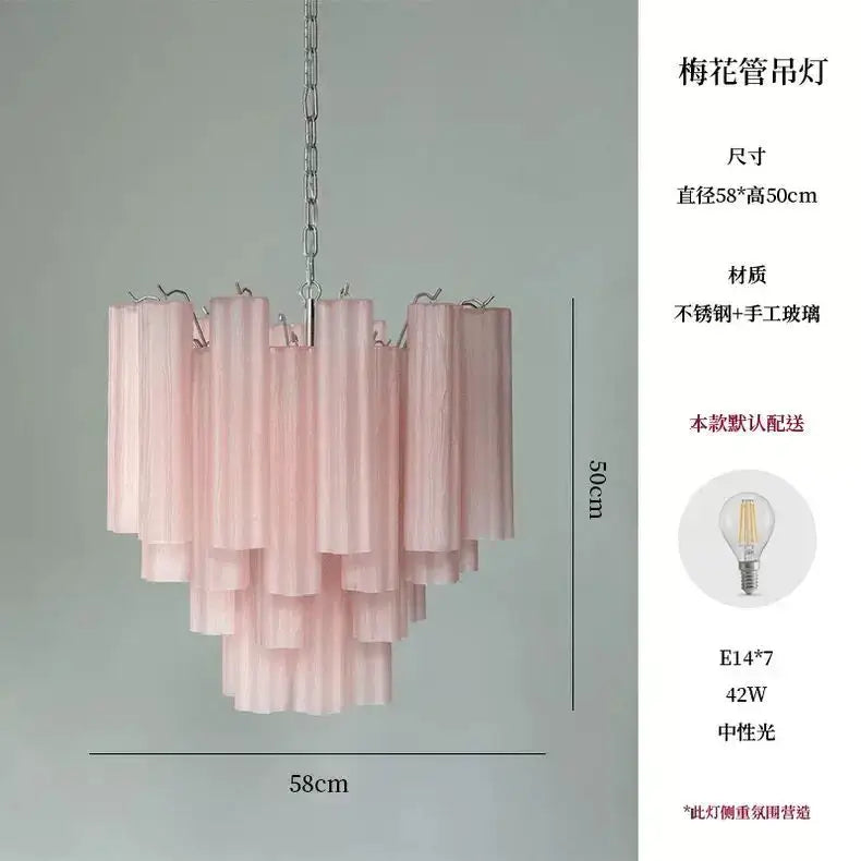 Modern blue and clear colorized glass led chandelier with pink tiered frosted glass tubes and stainless steel chain decorbites colorized glass