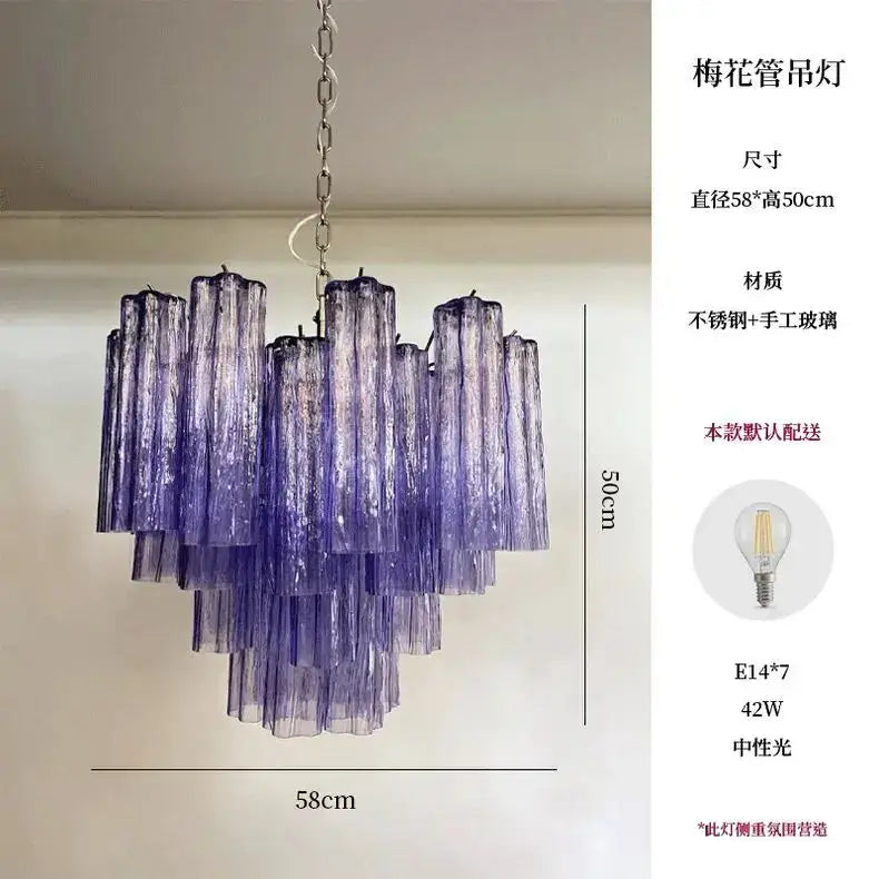 Modern blue and clear colorized glass led chandelier with purple gradient textured glass tubes by decorbites suspended by steel chain