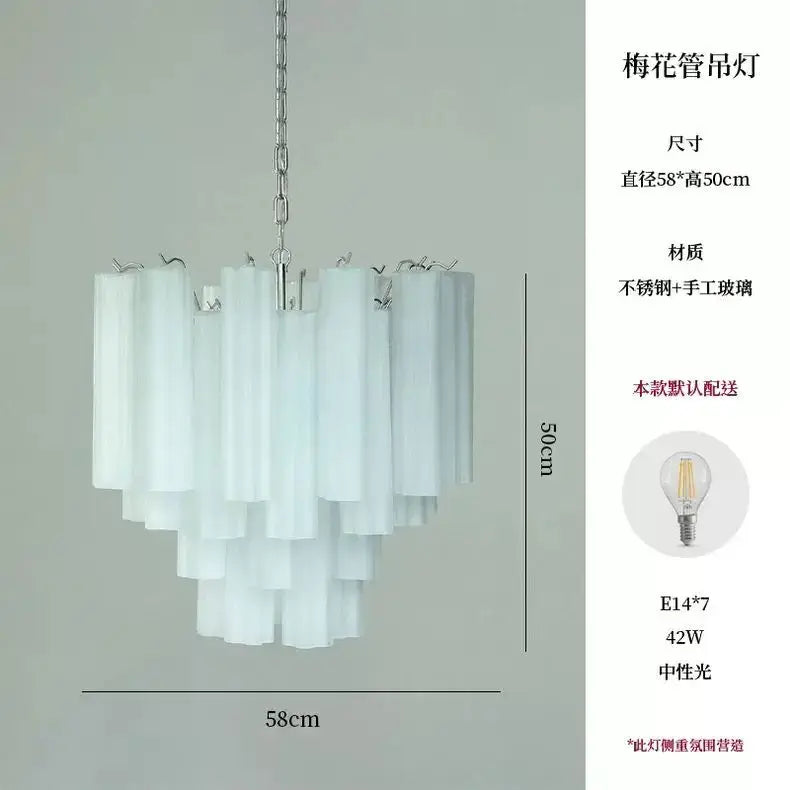 A modern white glass LED chandelier with tiered frosted tubes and stainless steel chain for living room decorbites colorized glass