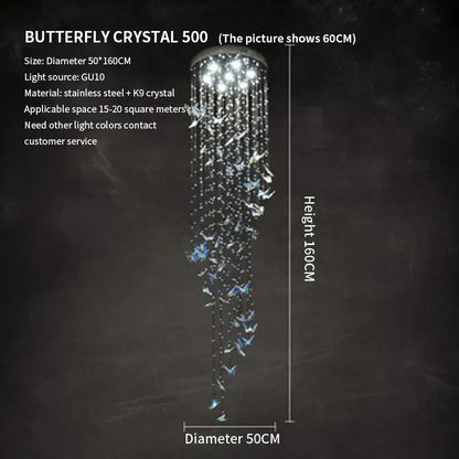 A 160cm silver decorbites crystal butterfly rotating chandelier with dangling k9 crystals and blue-tinged butterflies