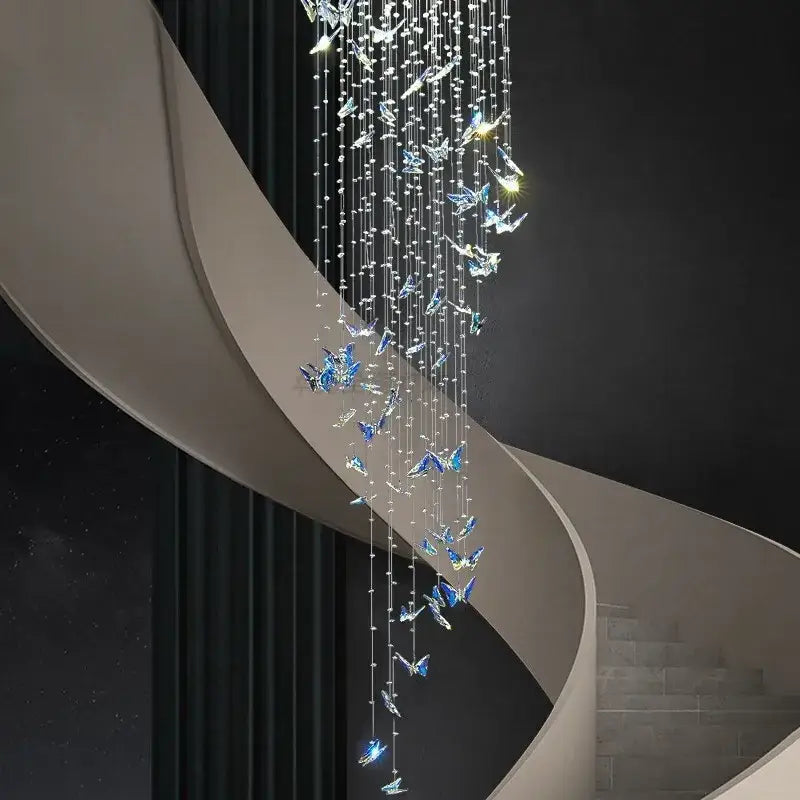Modern blue and clear crystal butterfly rotating chandelier with translucent decorbites crystal butterfly for living room decor