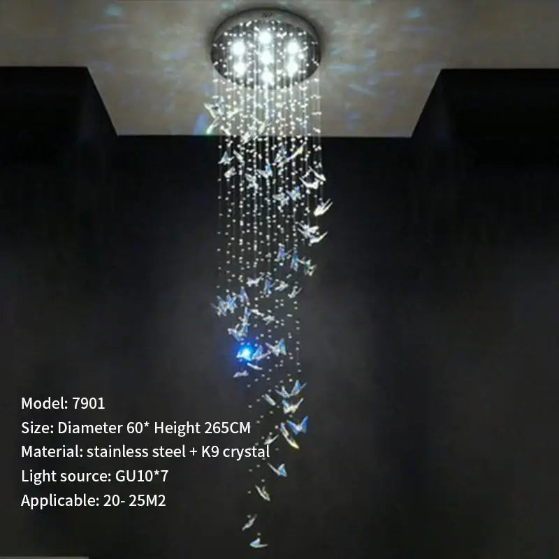 Modern blue and clear k9 crystal butterfly rotating chandelier with stainless steel top and gu10 bulbs for living room decorbites crystal butterfly