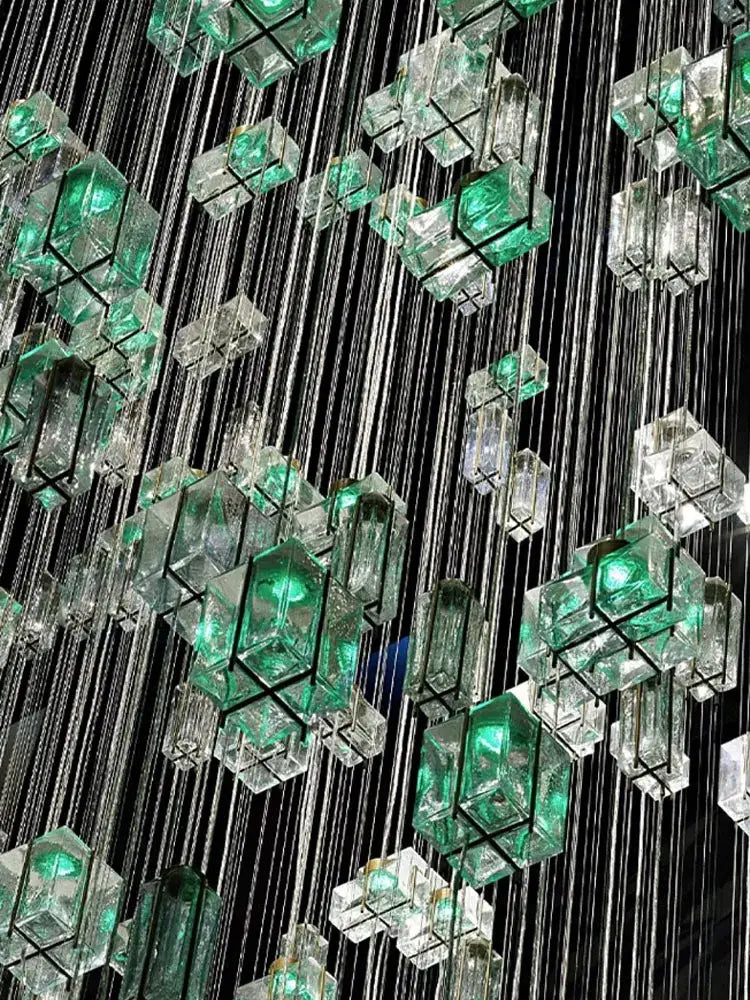 Modern blue and clear crystal cube pendant light with emerald green and clear glass cubes for living room decorbites crystal cube