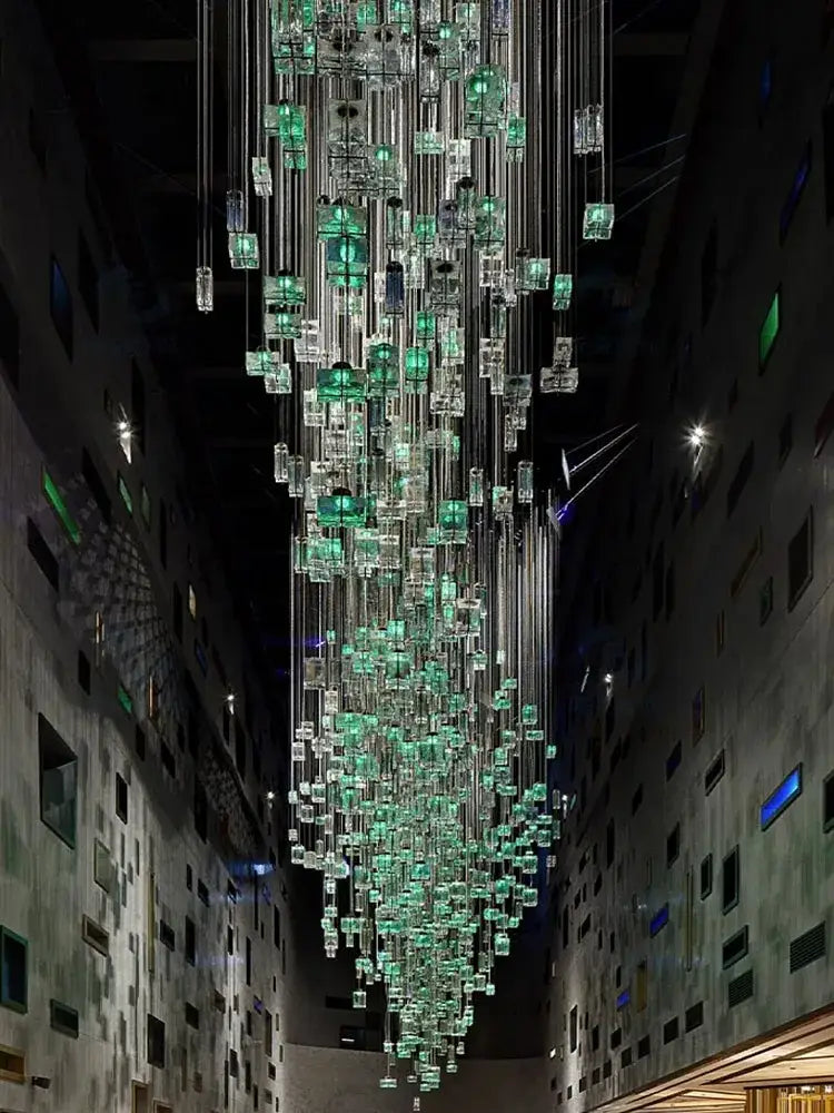 Modern blue and clear crystal cube pendant light featuring cascading translucent green and clear glass cubes decorbites crystal cube decor