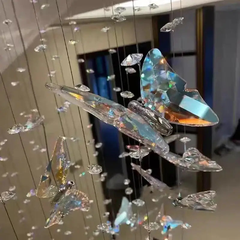 Modern blue and clear decorbites crystal staircase chandelier with iridescent butterfly ornaments for living room decor