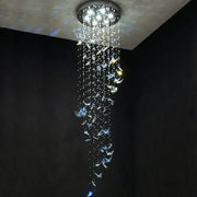 Modern blue and clear crystal staircase chandelier by decorbites with butterfly ornaments and bright led lights for living room decor