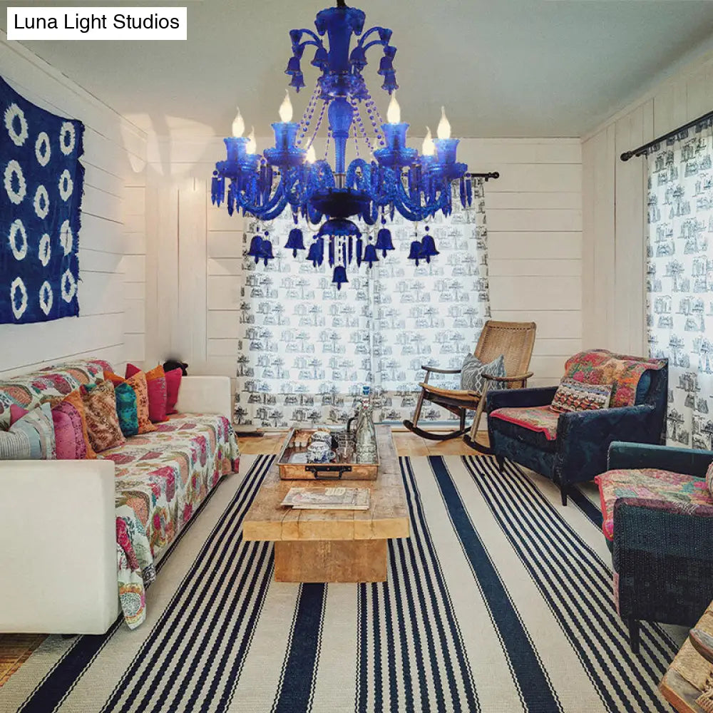 Lámpara colgante moderna de cristal azul con 8 luces para sala de estar