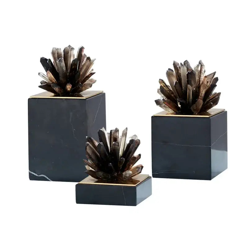 Set of three dark marble base decorbites crystal flower sculptures with gold trim and smoky quartz crystals for living room decor