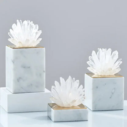 White quartz crystal flower marble sculpture with gold accents on square marble base for modern living room decorbites decorbites crystal flower