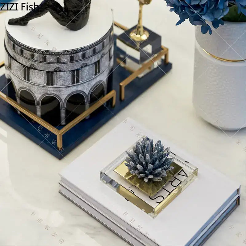 Blue and white ceramic vase with gold rim on a marble base crystal flower living room decorbites crystal flower marble sculpture