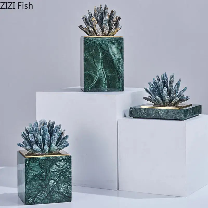 Modern blue crystal flower marble base sculpture with green marble base and gold-trimmed decorbites crystal flower detail