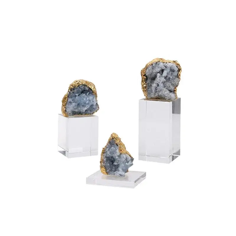 Modern blue crystal flower marble base sculpture with blue geode specimens and gold-leafed decorbites crystal flower exterior