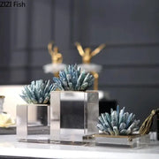 Blue crystalline coral sculptures in clear acrylic cube planters with marble base decorbites crystal flower decor