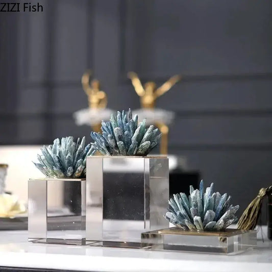 Blue crystalline coral sculptures in clear acrylic cube planters with marble base decorbites crystal flower decor