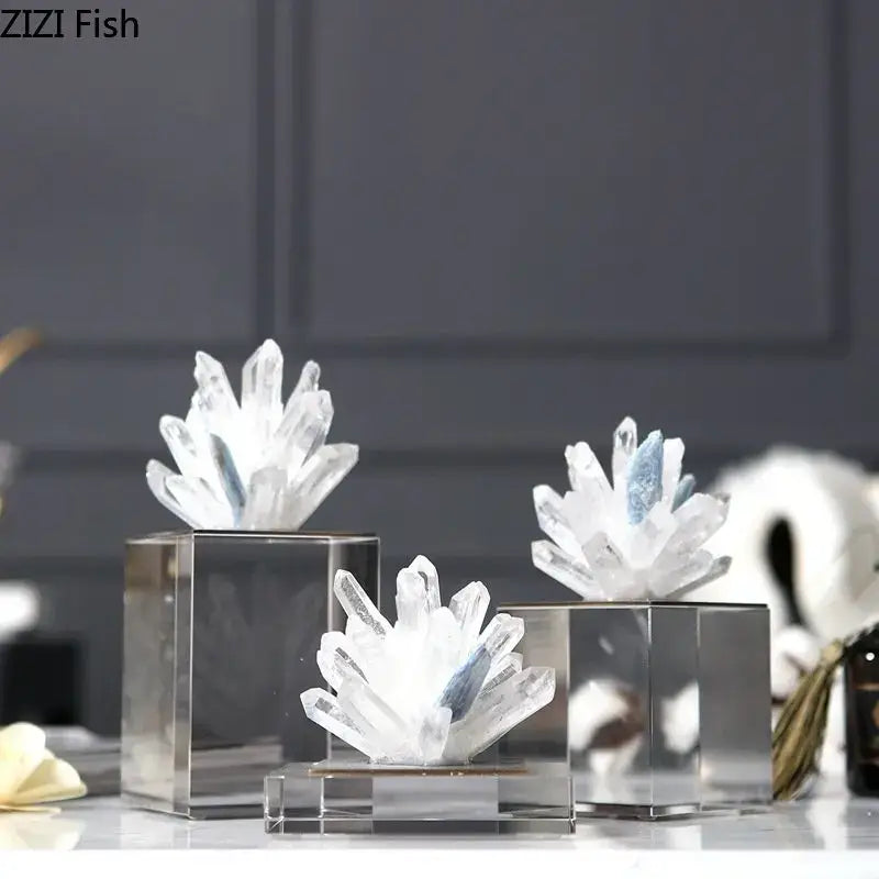 Modern blue crystal flower marble base sculpture featuring clear quartz crystal clusters with blue inclusions on marble base decorbites crystal flower decor