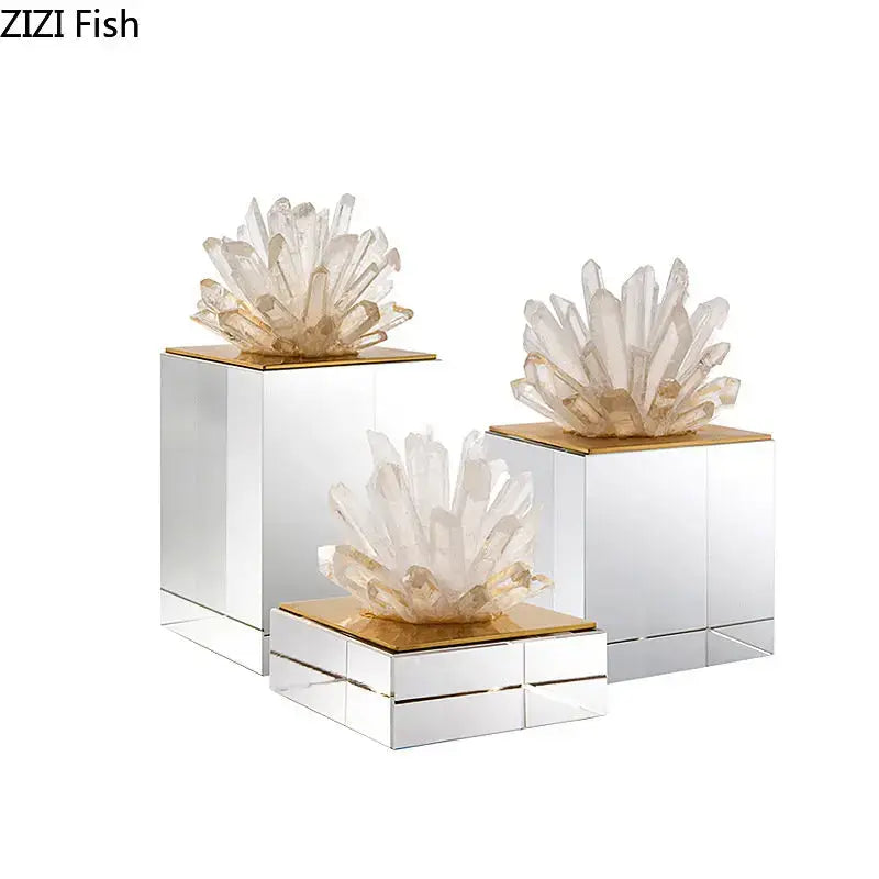 Modern blue crystal flower marble base sculpture featuring clear quartz crystal flower clusters on gold-accented marble base decorbites crystal flower decor