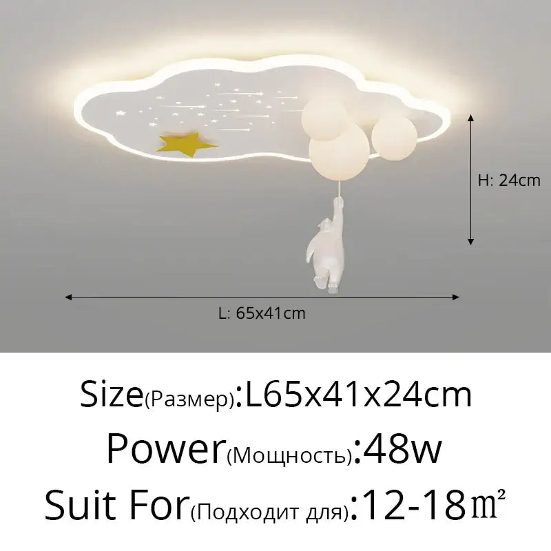 Modern blue decorbites cloud airplane chandelier with white cloud light, golden star, balloons, and hanging polar bear