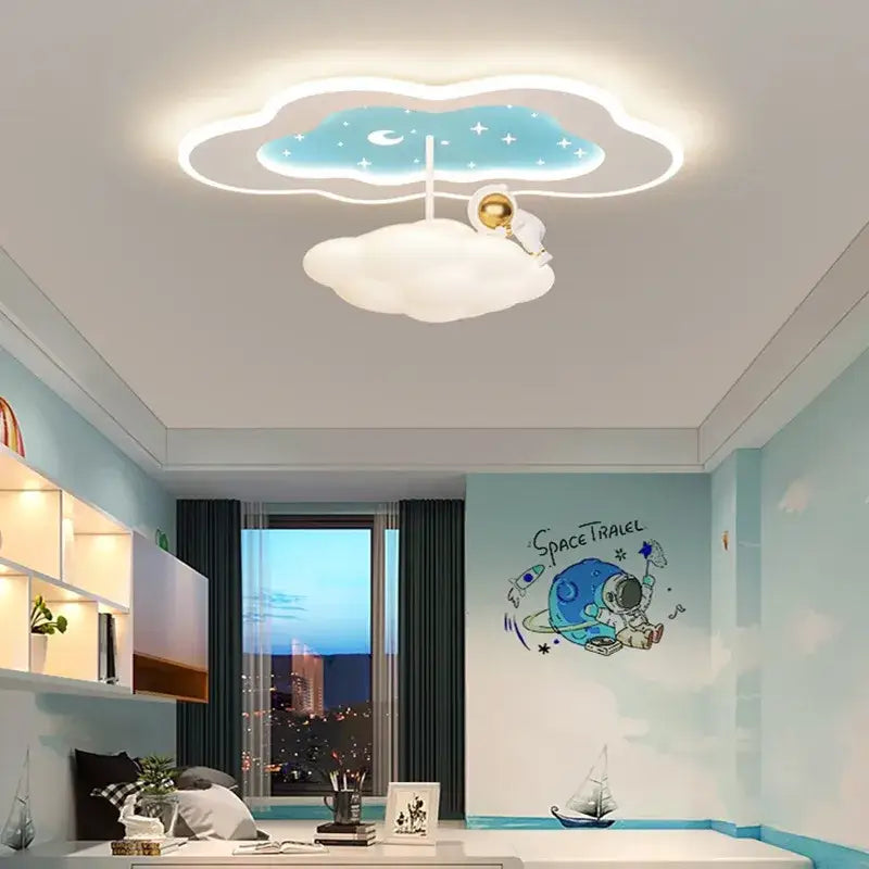 Modern blue decorbites cloud airplane chandelier features a cloud-shaped ceiling light with starry sky design and astronaut figure