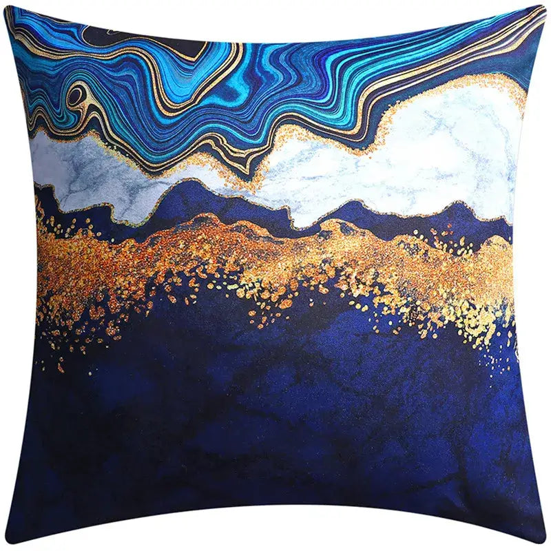 Modern blue floral cushion cover featuring a blue and gold abstract marble pattern for living room decorbites decor