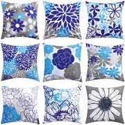 Set of nine modern blue floral cushion covers with abstract botanical designs in blue gray white and black for living room decorbites