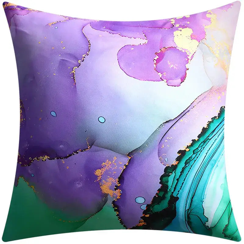Modern blue floral cushion cover with purple teal and gold fluid marbled design for living room decorbites decorbites blue floral