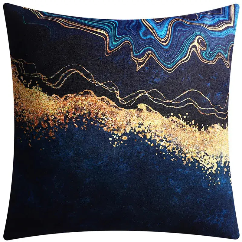 A modern blue floral cushion cover with navy velvet fabric and gold teal swirls for living room decorbites decor