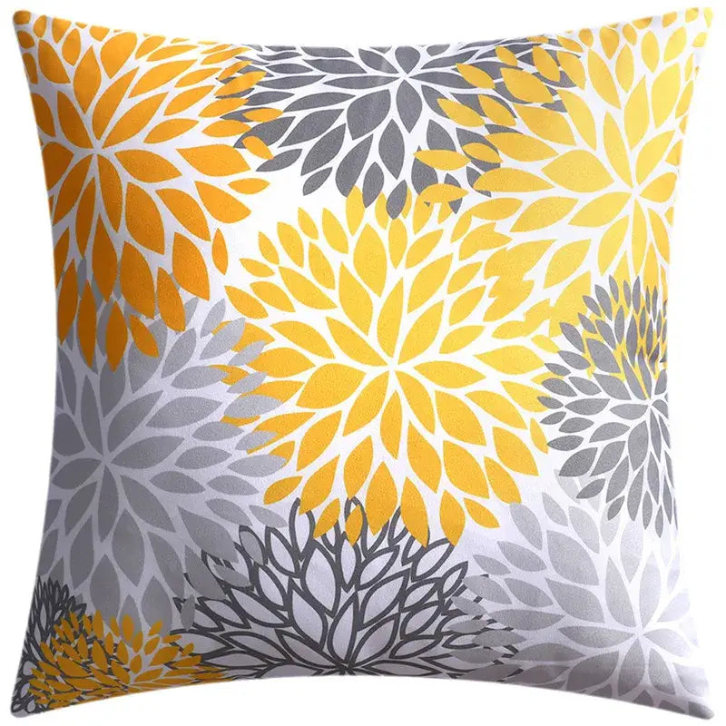 Modern blue floral cushion cover featuring a bold yellow and gray floral pattern on white for living room decorbites decor