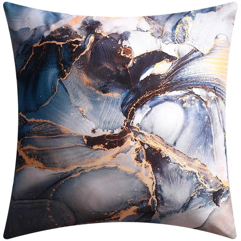 Square cushion cover with modern abstract blue floral swirl design in deep blue black and metallic gold for living room decorbites decor
