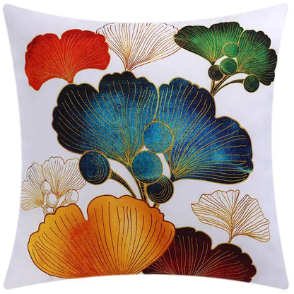Modern blue floral cushion cover featuring a white square design with vibrant ginkgo leaves for living room decorbites decor
