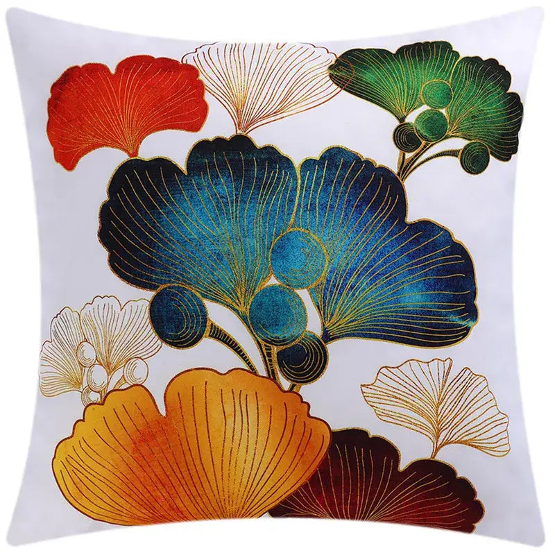 Modern blue floral cushion cover featuring a white square design with vibrant ginkgo leaves for living room decorbites decor