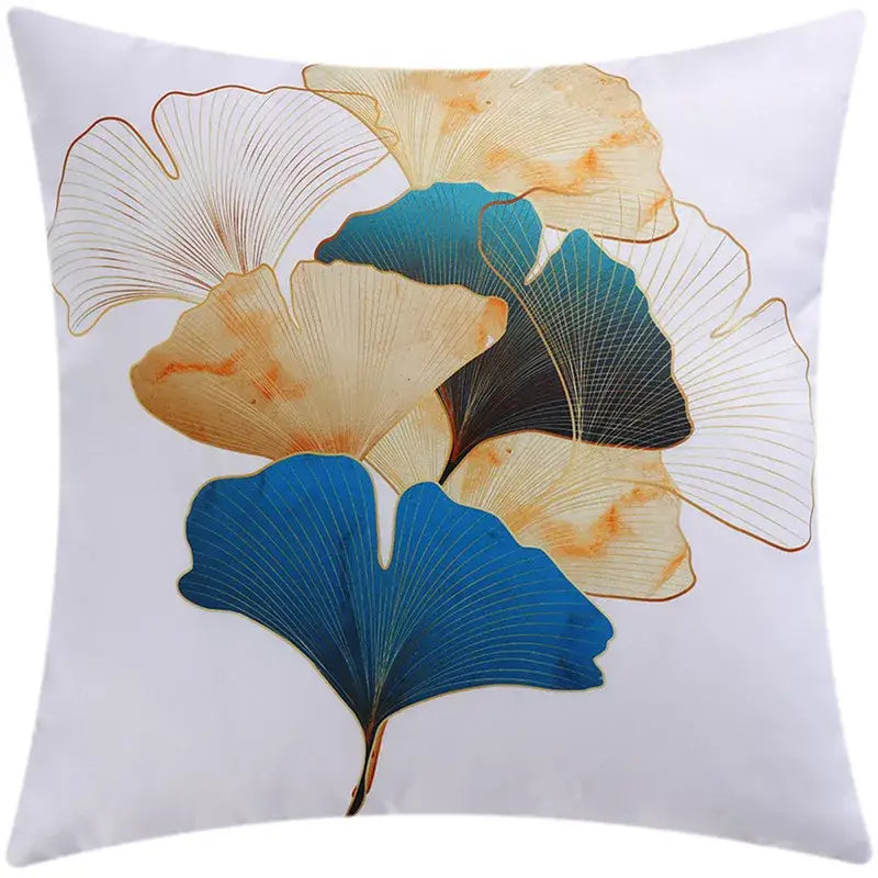 White modern blue floral cushion cover featuring elegant ginkgo leaves in blue beige and gold for living room decorbites decor