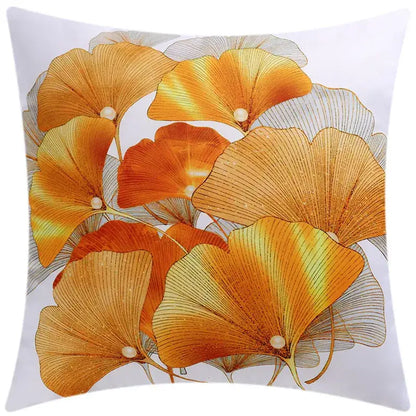 White throw pillow with vibrant orange and gold ginkgo leaves vein pattern in modern blue floral cushion cover decorbites set