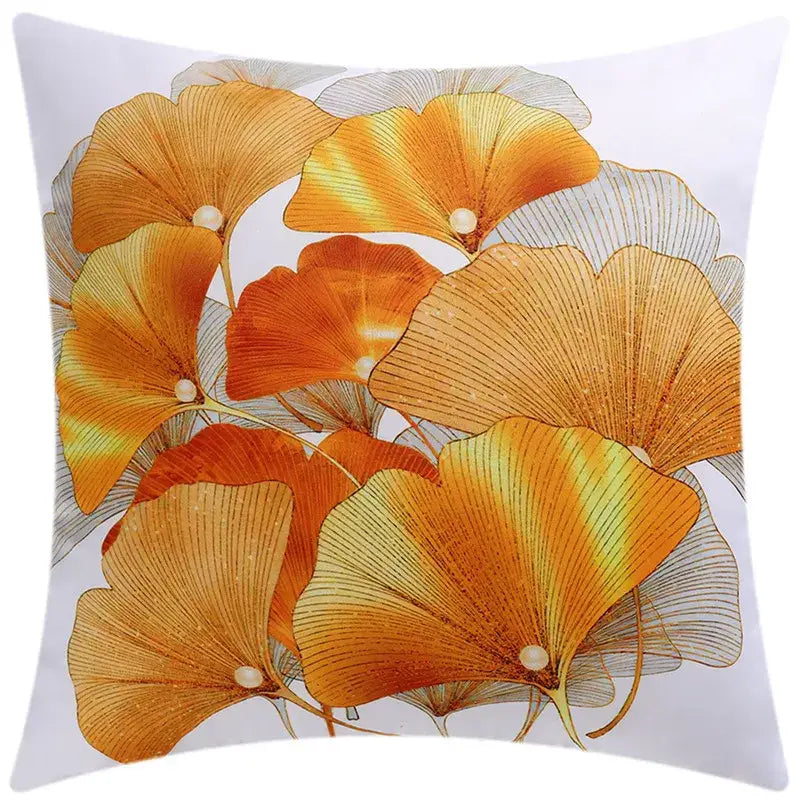 White throw pillow with vibrant orange and gold ginkgo leaves vein pattern in modern blue floral cushion cover decorbites set