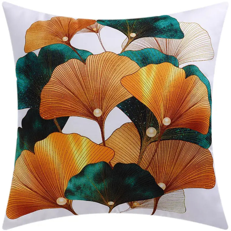 White throw pillow cushion cover with vibrant orange and teal ginkgo leaves pearl accents for decorbites blue floral decor