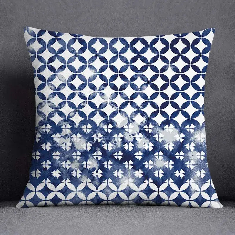 Modern blue geometric floral design pillowcase featuring a blue and white tie-dye gradient pattern for living room decor