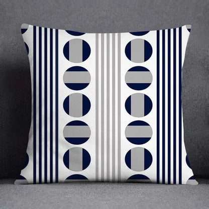 Modern blue geometric floral design throw pillow with navy blue gray and white vertical stripes and circles for living room