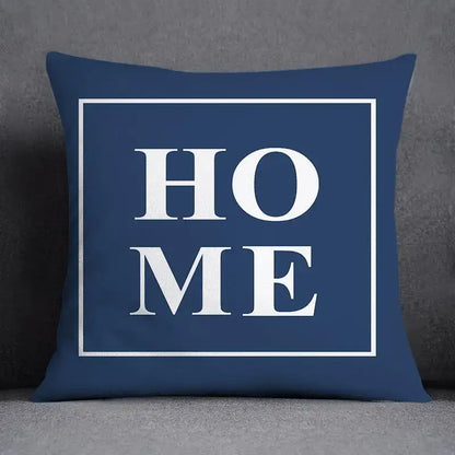 Modern navy blue square pillow with home printed in white featuring geometric floral design for living room cushion